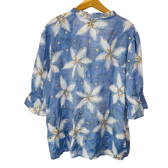 Alex & Parker Blue Gold Foiled Lily Sheer Ruffle Hem Short Sleeve Blouse Sz 3X - Picture 2 of 6